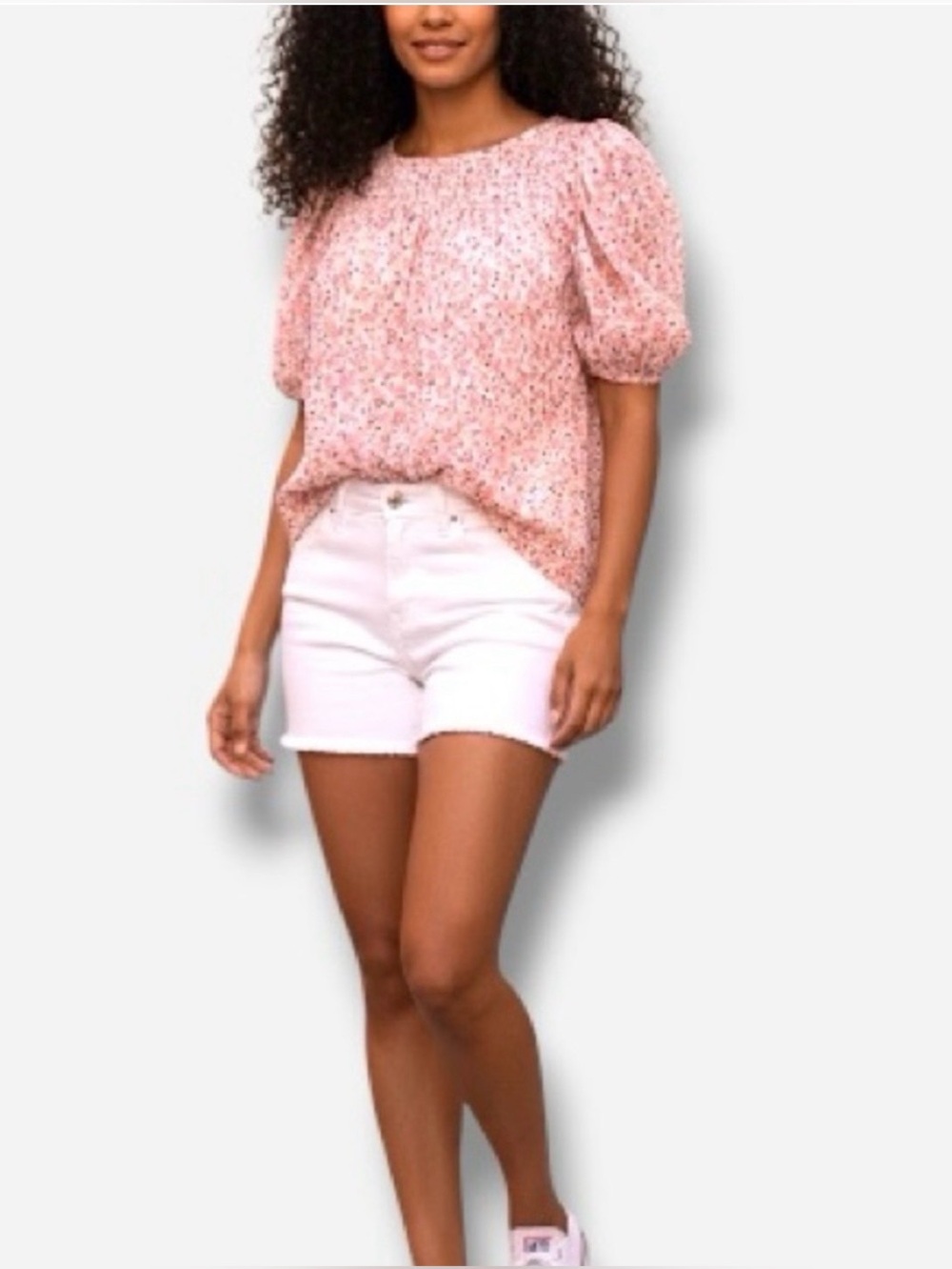 Anthropologie W5 Pink Peach Floral Smocked Puff-Sleeve Semi-Sheer Blouse Large
